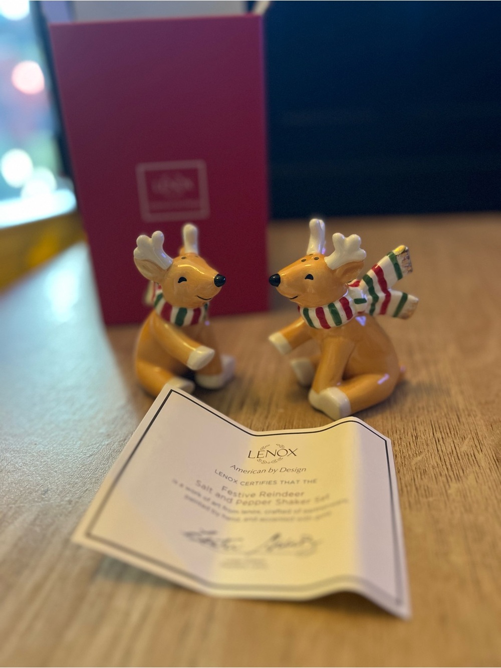 LENOX FESTIVE REINDEER SALT AND PEPPER SHAKER SET in box Collectable
